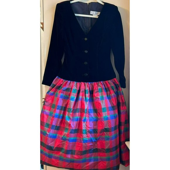 Vintage AJ Bari Womens Velvet Taffeta 1980s Holiday Dress Size 6 Red Plaid Class - Picture 3 of 8